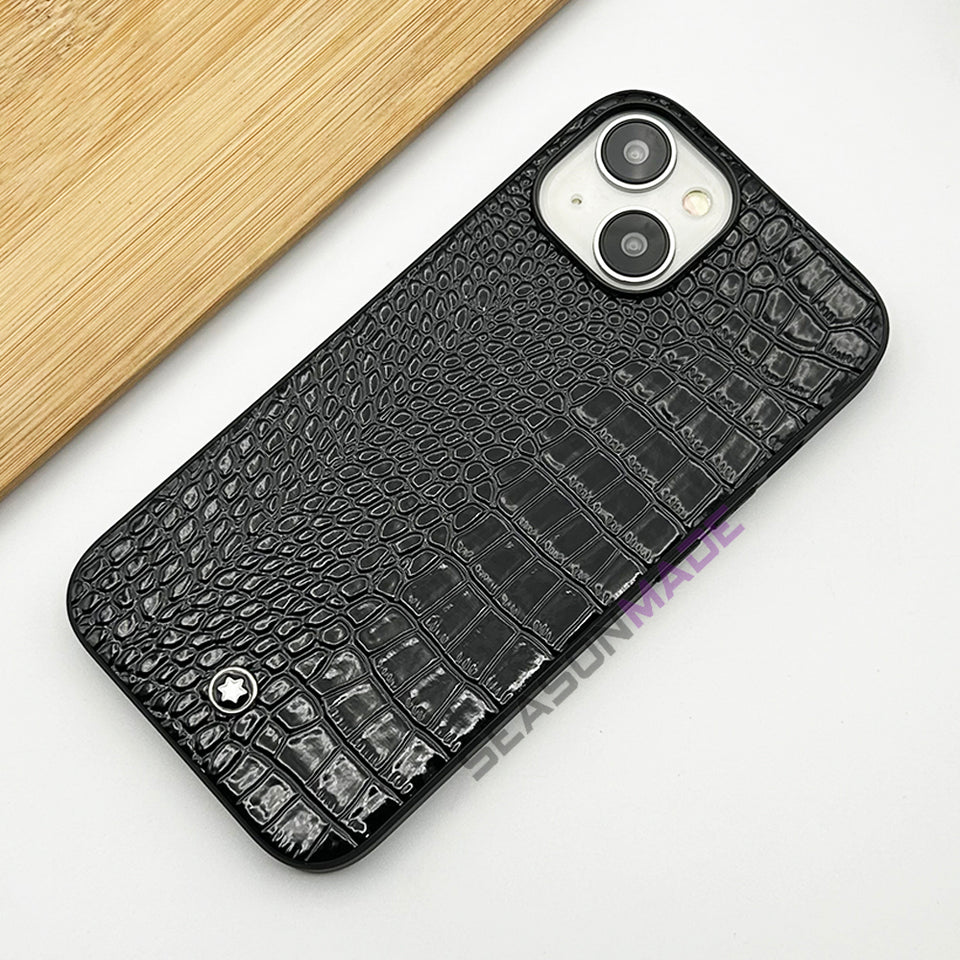 iPhone 15 Series Croc Pattern MB Logo PU Leather Case Cover
