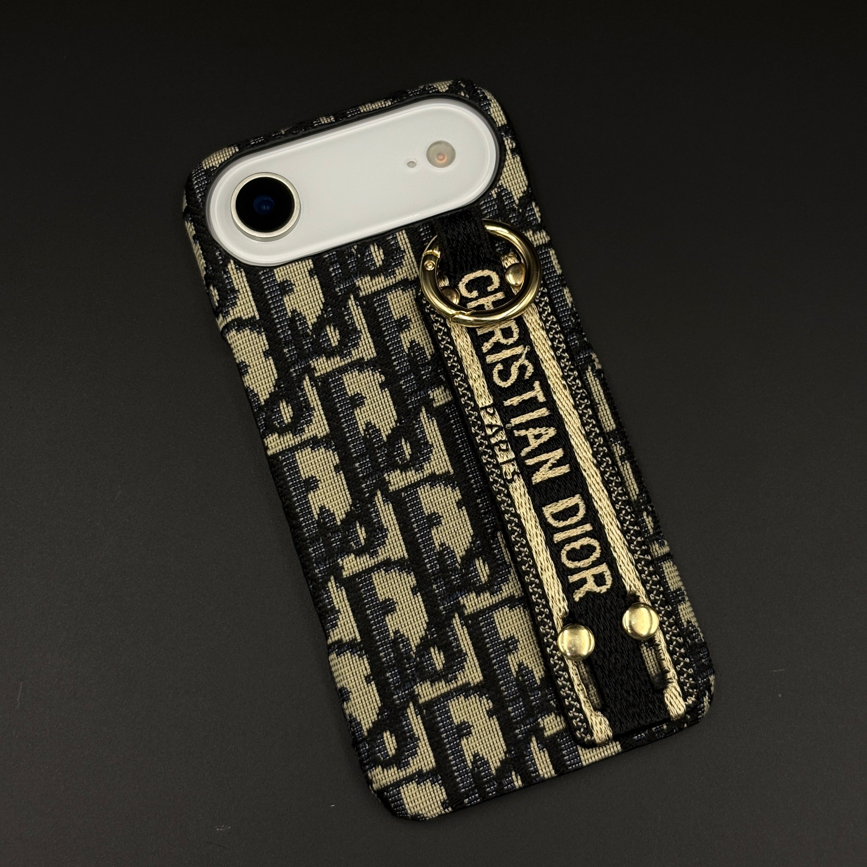 CD Embroidered Belt Strap Case for iPhone 17 Air | Designer Fabric Holder