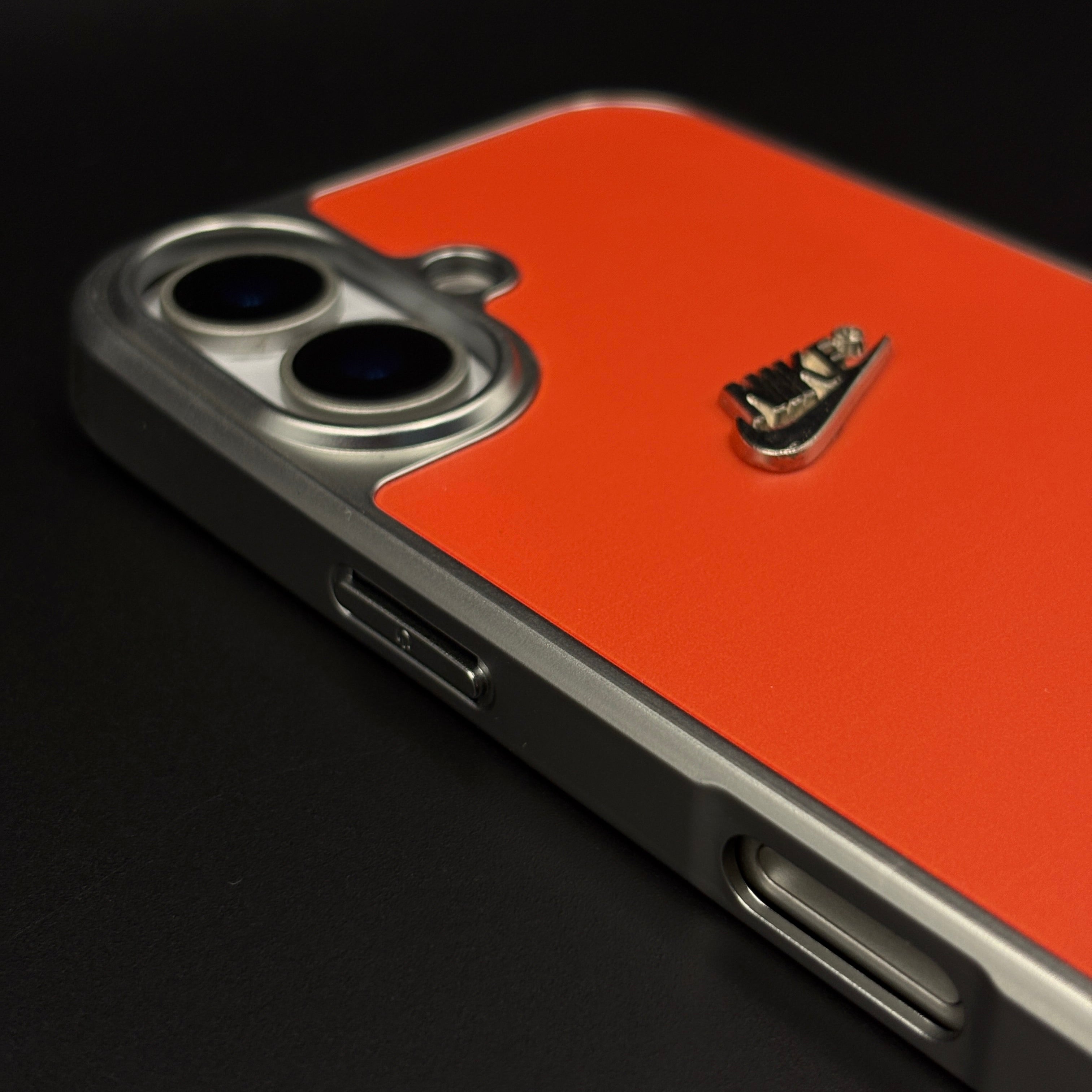 Premium Sports Edition Shockproof Mobile Case Cover for iPhone 16 | Athletic Orange Metal Frame Cover | Embossed Logo