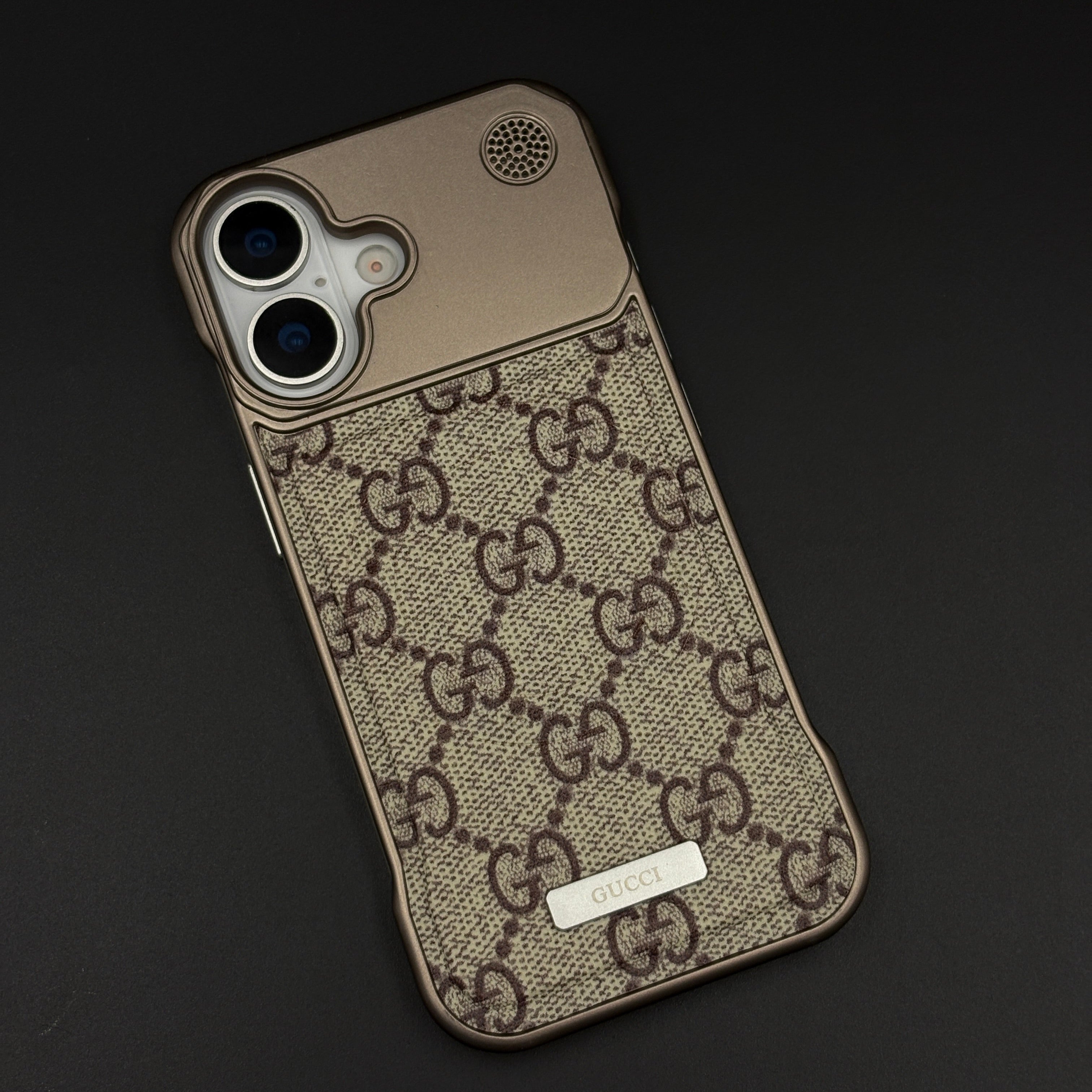 Luxury Branded GG Pattern Fabric Mobile Case for iPhone 17 | Premium Brown Texture Fabric