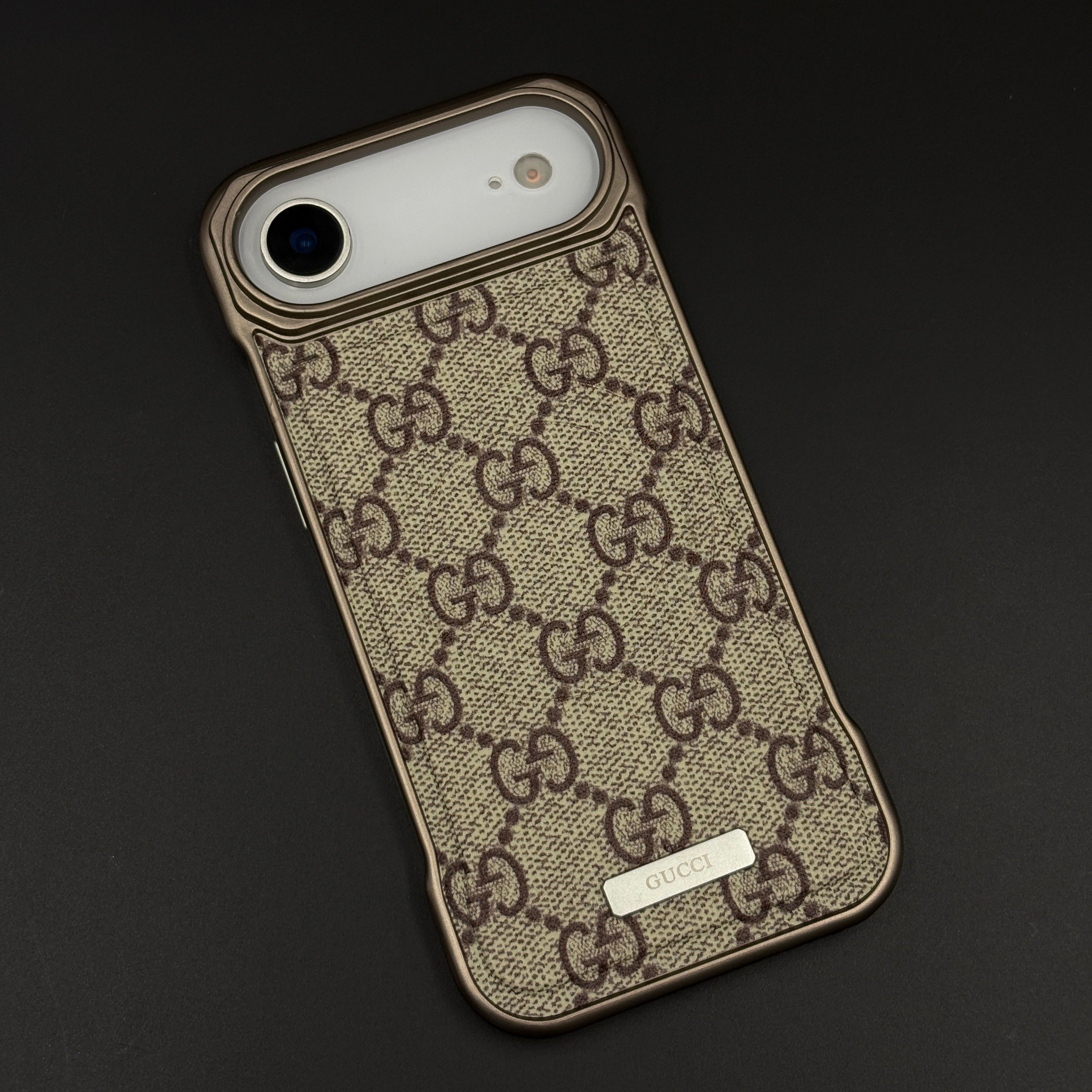 Luxury Branded GG Pattern Fabric Mobile Case for iPhone 17 Air | Premium Brown Texture Fabric