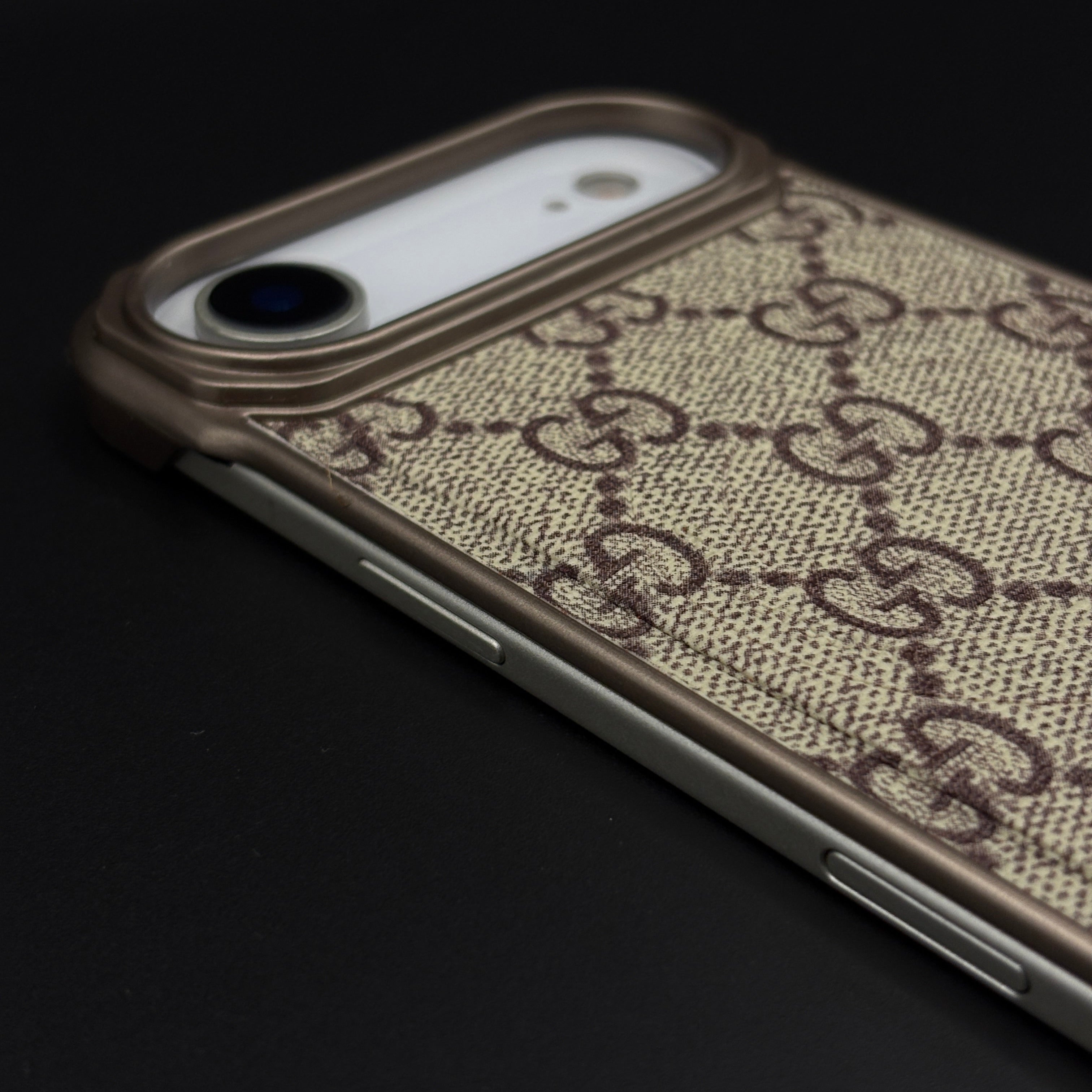 Luxury Branded GG Pattern Fabric Mobile Case for iPhone 17 Air | Premium Brown Texture Fabric