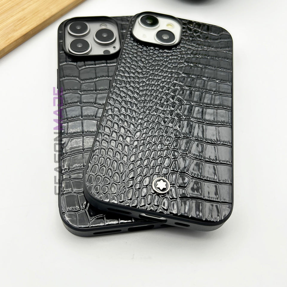 iPhone 15 Series Croc Pattern MB Logo PU Leather Case Cover