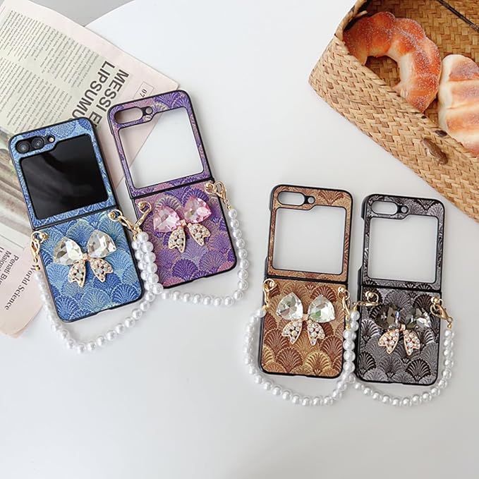 Samsung Galaxy Z Flip 6 Sea Shell Pattern Bow Diamond Pearl Strap Holder Case