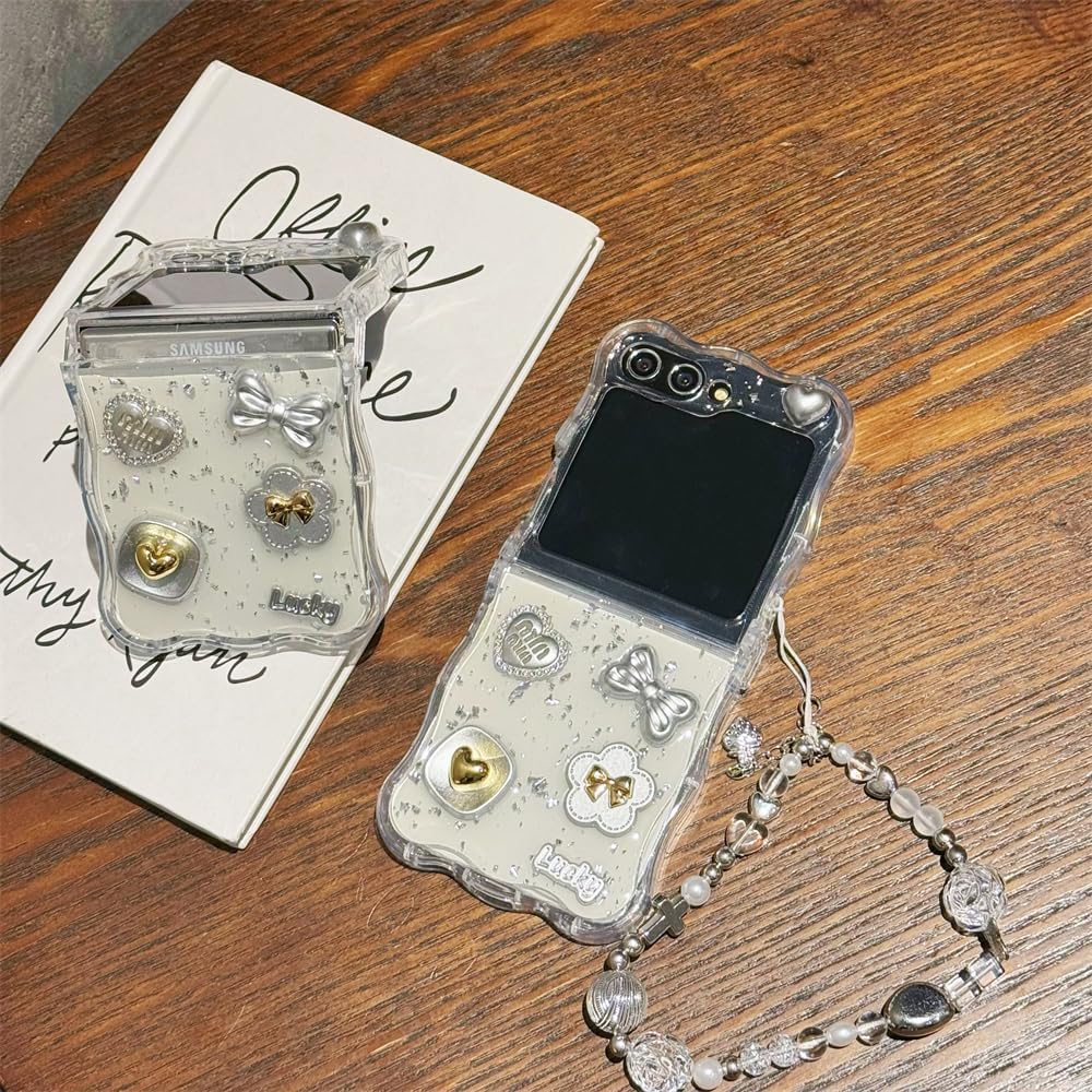 Samsung Galaxy Z Flip 6 Glitter Teddy Case with Pearl Strap & Charms | Transparent Cute Designer Cover