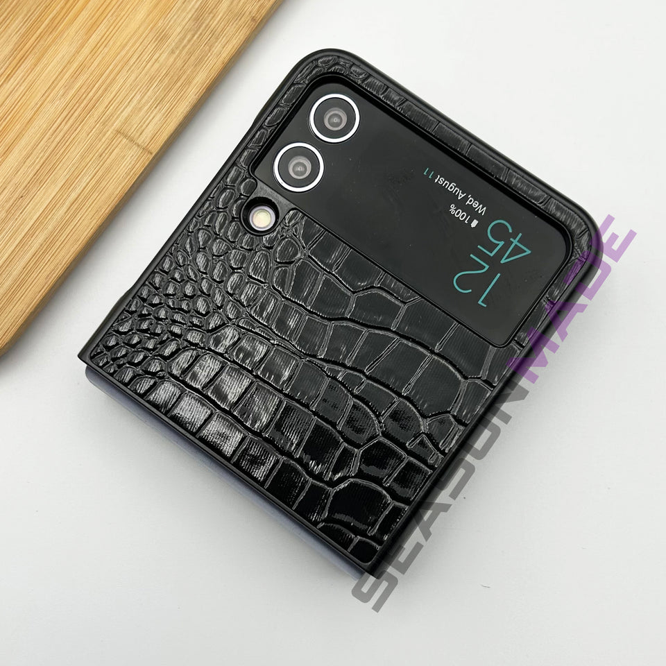 Samsung Galaxy Z Flip 4 Croc Pattern MB Logo PU Leather Case Cover