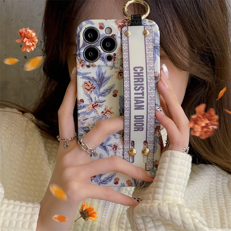 iPhone 15 Series Luxury Brand CD Floral Strap Belt Case Cover