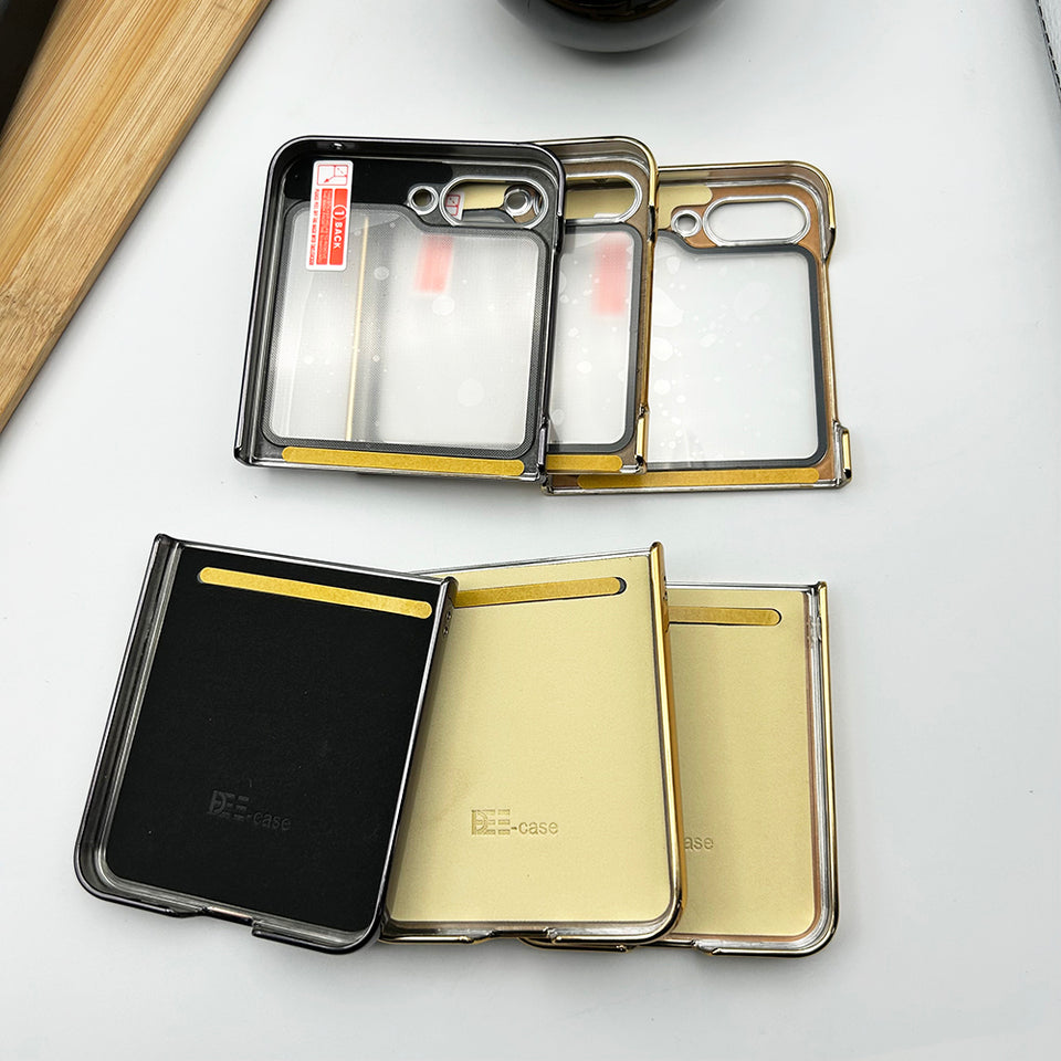 Samsung Z Flip 5 PU Leather Chrome Plated With Front Screen Protector Case Cover