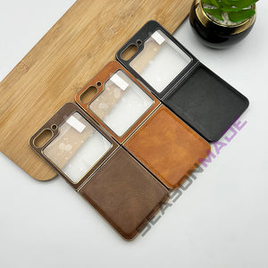 Samsung Z Flip 5 PU Leather Chrome Plated With Front Screen Protector Case Cover