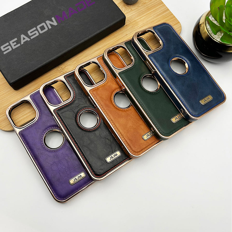 iPhone Luxury PU Leather Chrome Plated Logo Cut Case Cover
