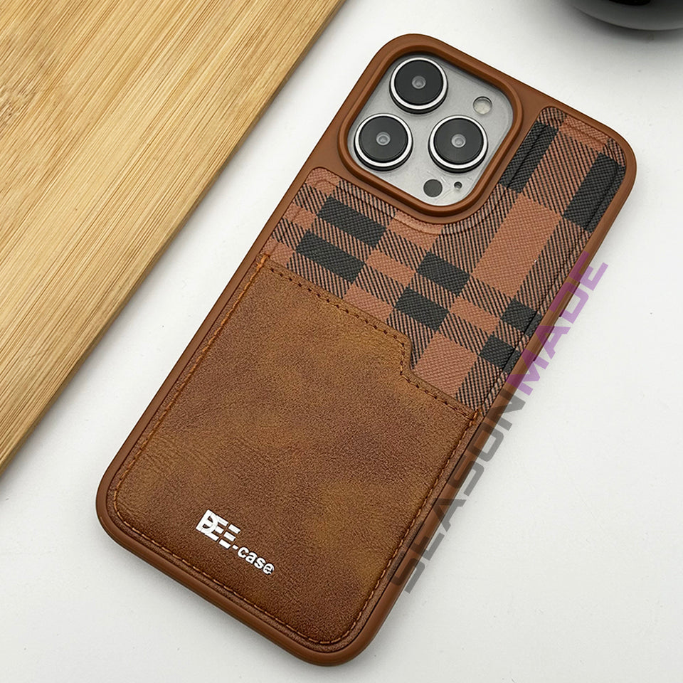 iPhone 15 Series Chequered Leather Cardholder Case Cover