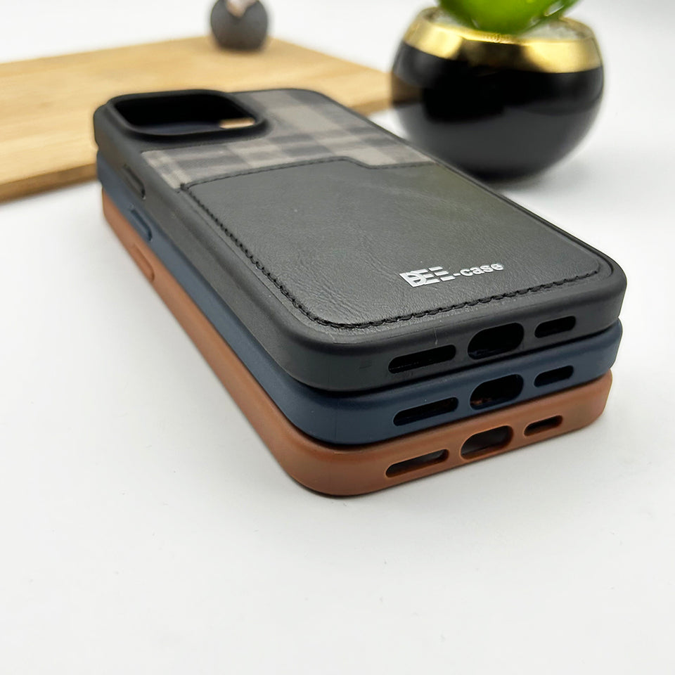 iPhone 15 Series Chequered Leather Cardholder Case Cover