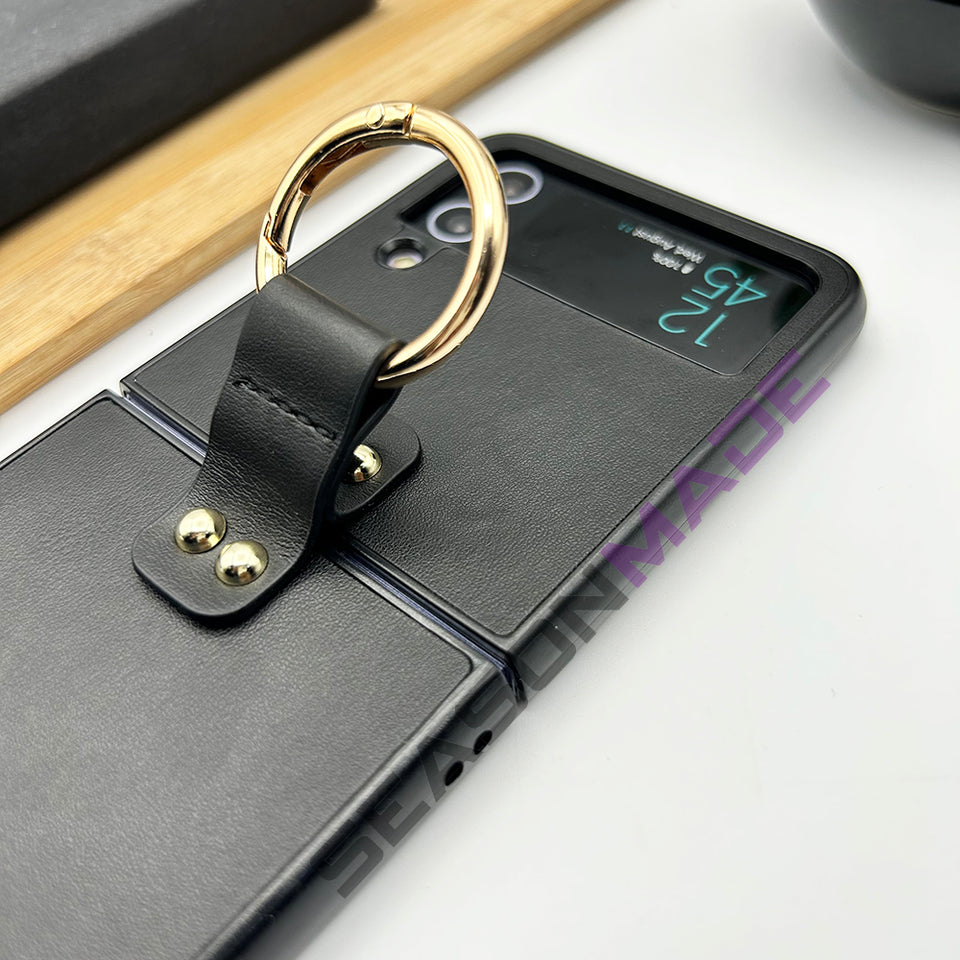 Samsung Galaxy Z Flip 4 Leather Ring Holder Inside Velvet Case Cover Black