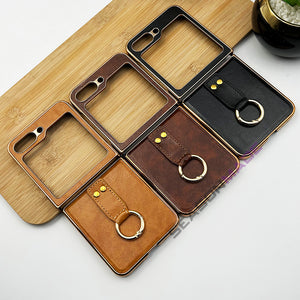 Samsung Z Flip 5 PU Leather Chrome Plated Ring Case Cover Inside Velvet