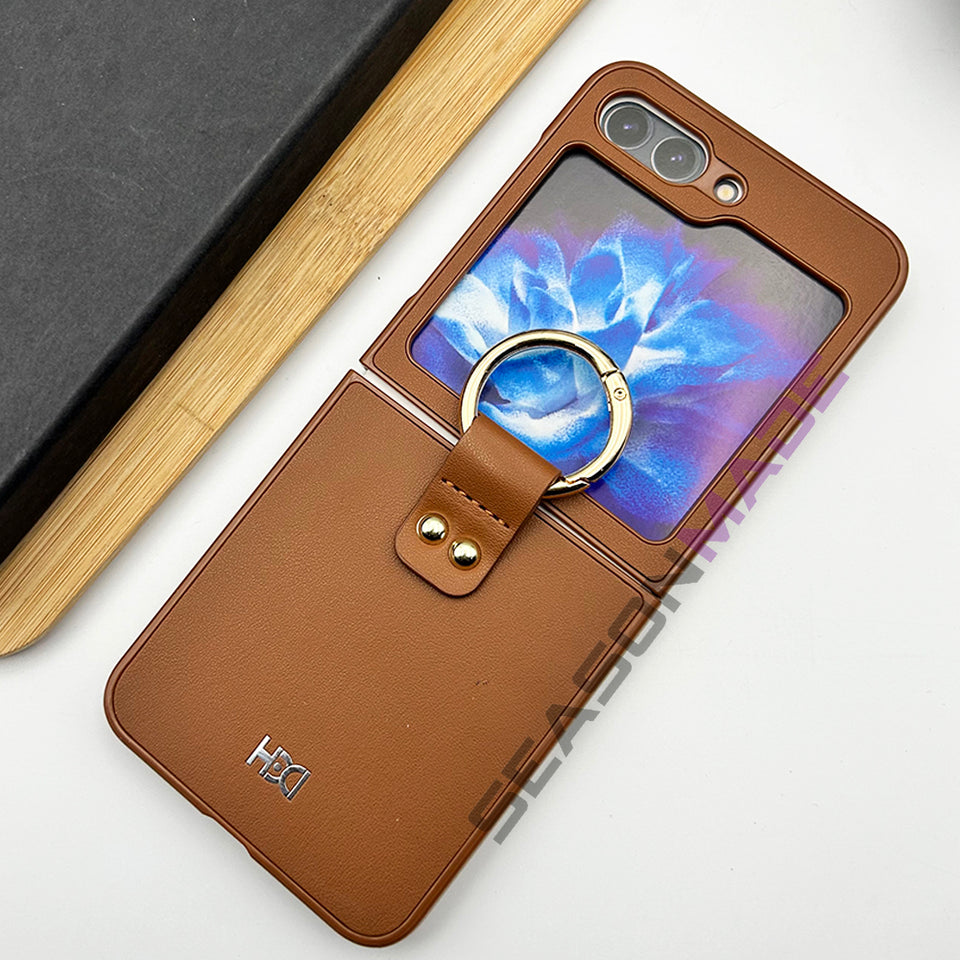 Samsung Galaxy Z Flip 5 Leather Ring Holder Inside Velvet Case Cover Brown