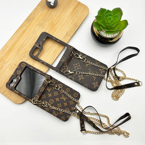 Samsung Galaxy Z Flip 6 Luxury Brand PU Leather Case Cover With Chain Sling Strap