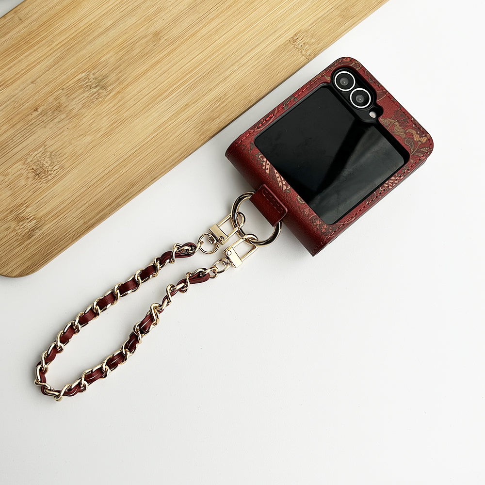 Indian Art Designer Case for Samsung Galaxy Z Flip 6 | Paisley Leather Cover with Chain Strap | Traditional Print