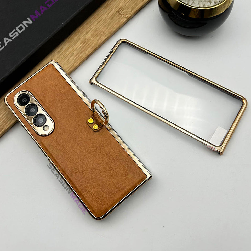 Samsung Galaxy Z Fold 3 PU Leather Chrome Plated With Front Screen Protector Metal Ring Case Cover