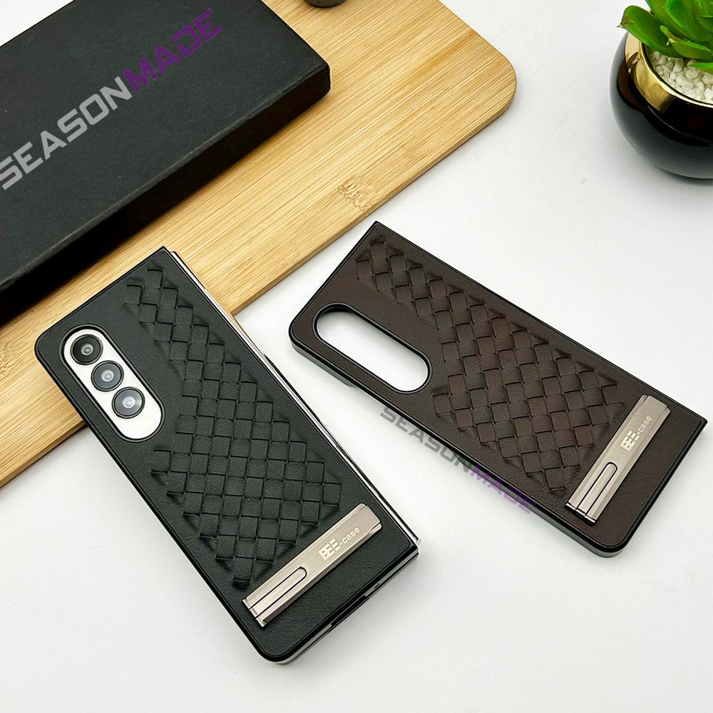 Samsung Galaxy Z Fold 4 PU Leather Checks Grid Pattern Kickstand Case Cover
