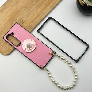 Samsung Galaxy Z Fold 5 Pink Foral With Pearl Holder Case Cover Clearance Sale