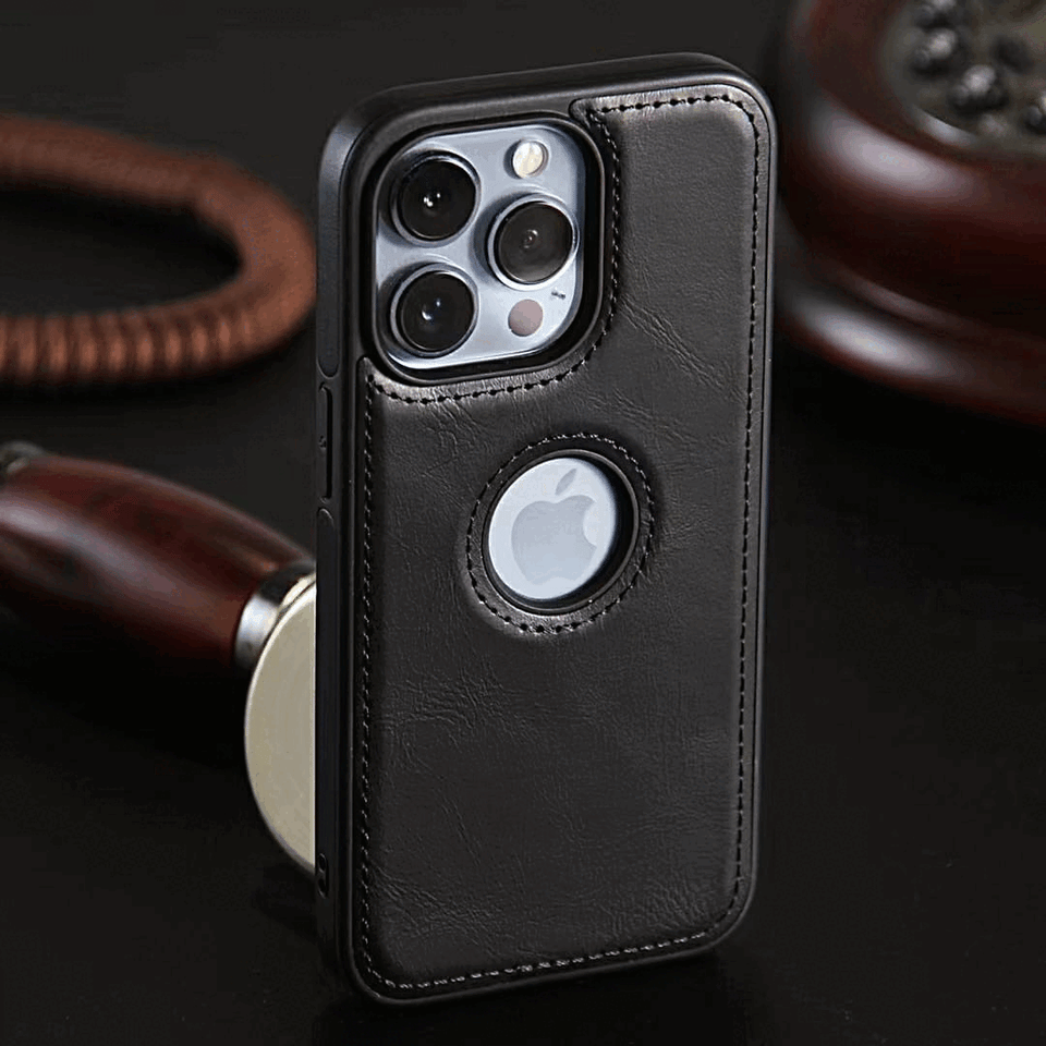 iPhone 15 Series Luxury Leather Logo Cut Back Case Cover