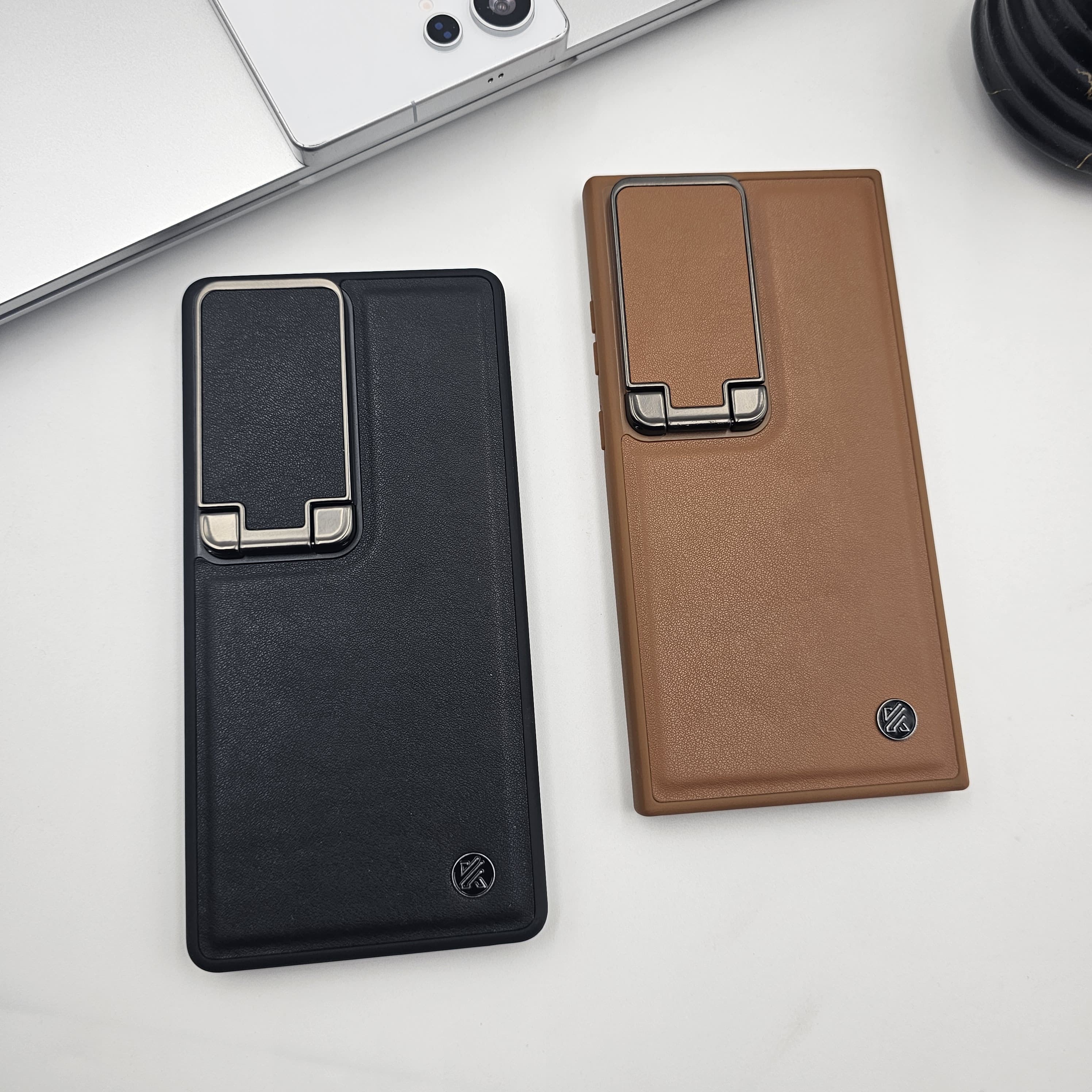Samsung Galaxy S24 Ultra Leather Foldable Metal Stand Camera Protection Case