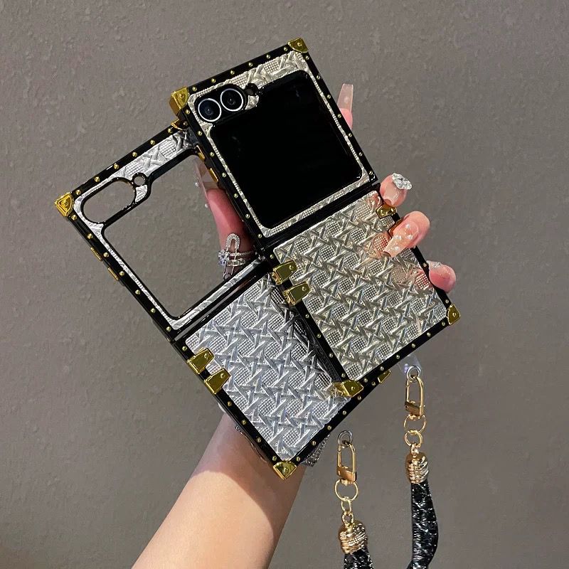 Luxury Trunk Case for Samsung Galaxy Z Flip 7 FE – Designer Metal Embossed Cover with Gold Rivets & Lanyard Strap