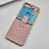 Luxury Puffer Leather Case with Ring Holder for Samsung Galaxy Z Flip 7 FE – Side Gold Plated Cover