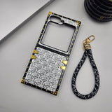 Luxury Trunk Case for Samsung Galaxy Z Flip 7 FE – Designer Metal Embossed Cover with Gold Rivets & Lanyard Strap