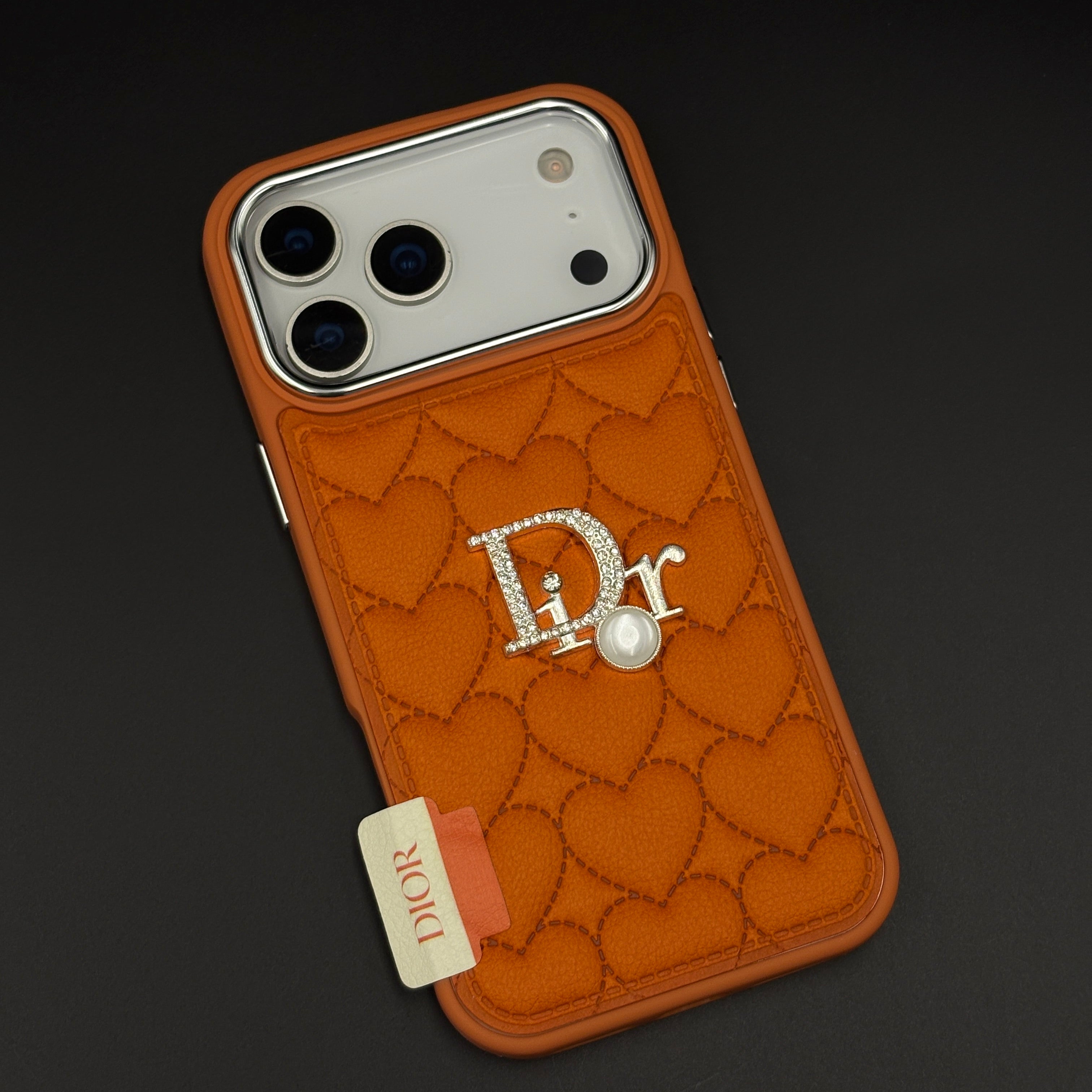 Luxury Heart Quilted Leather Case Cover for iPhone 17 Series – Orange | CD Pearl Diamond Edition