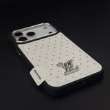 Luxury Fashion Rhinestone Leather Case for iPhone 17 Series with Crystal Metal Emblem