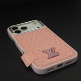 Luxury Fashion Rhinestone Leather Case for iPhone 17 Series with Crystal Metal Emblem