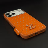 Luxury Fashion Rhinestone Leather Case for iPhone 17 Series with Crystal Metal Emblem