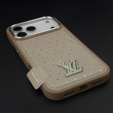 Luxury Fashion Rhinestone Leather Case for iPhone 17 Series with Crystal Metal Emblem