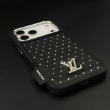 Luxury Fashion Rhinestone Leather Case for iPhone 17 Series with Crystal Metal Emblem