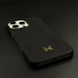 Luxury Leather Case for iPhone 16 Series | HMS‑Inspired Ribbon Design with Gold H Logo