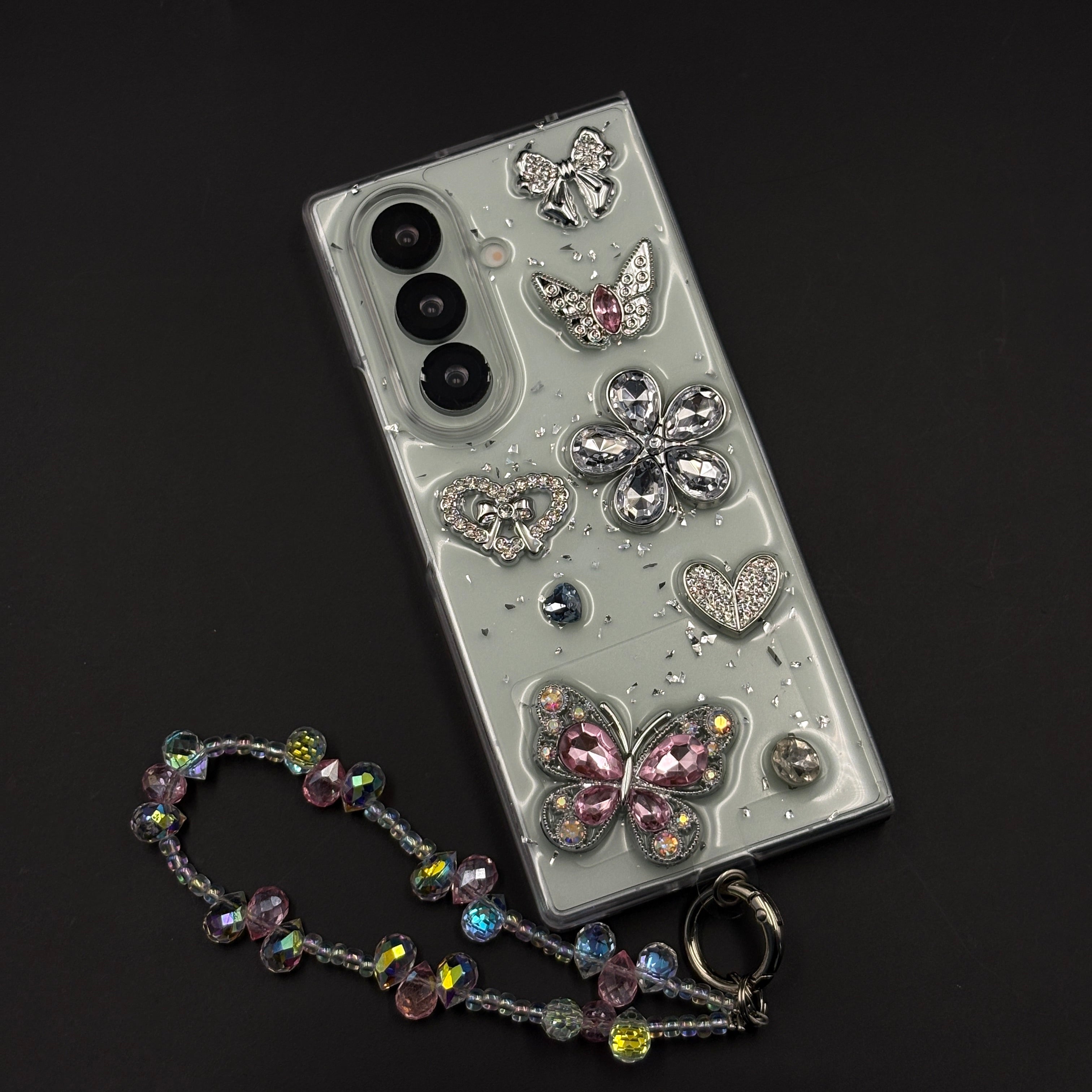 Crystal Butterfly Bloom Charm Case with Beaded Strap for Samsung Galaxy Z Fold 7
