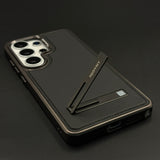Stitch Leather Metal Kickstand Case Cover with Matte Chrome Finish for Samsung Galaxy S26 Ultra