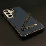 Stitch Leather Metal Kickstand Case Cover with Matte Chrome Finish for Samsung Galaxy S26 Ultra