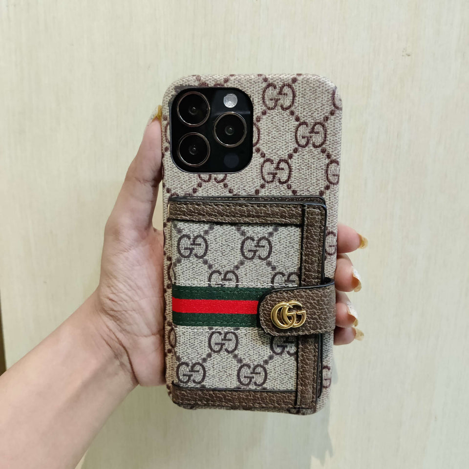 iPhone 15 Series Luxury Brand GG Wallet Case Cover