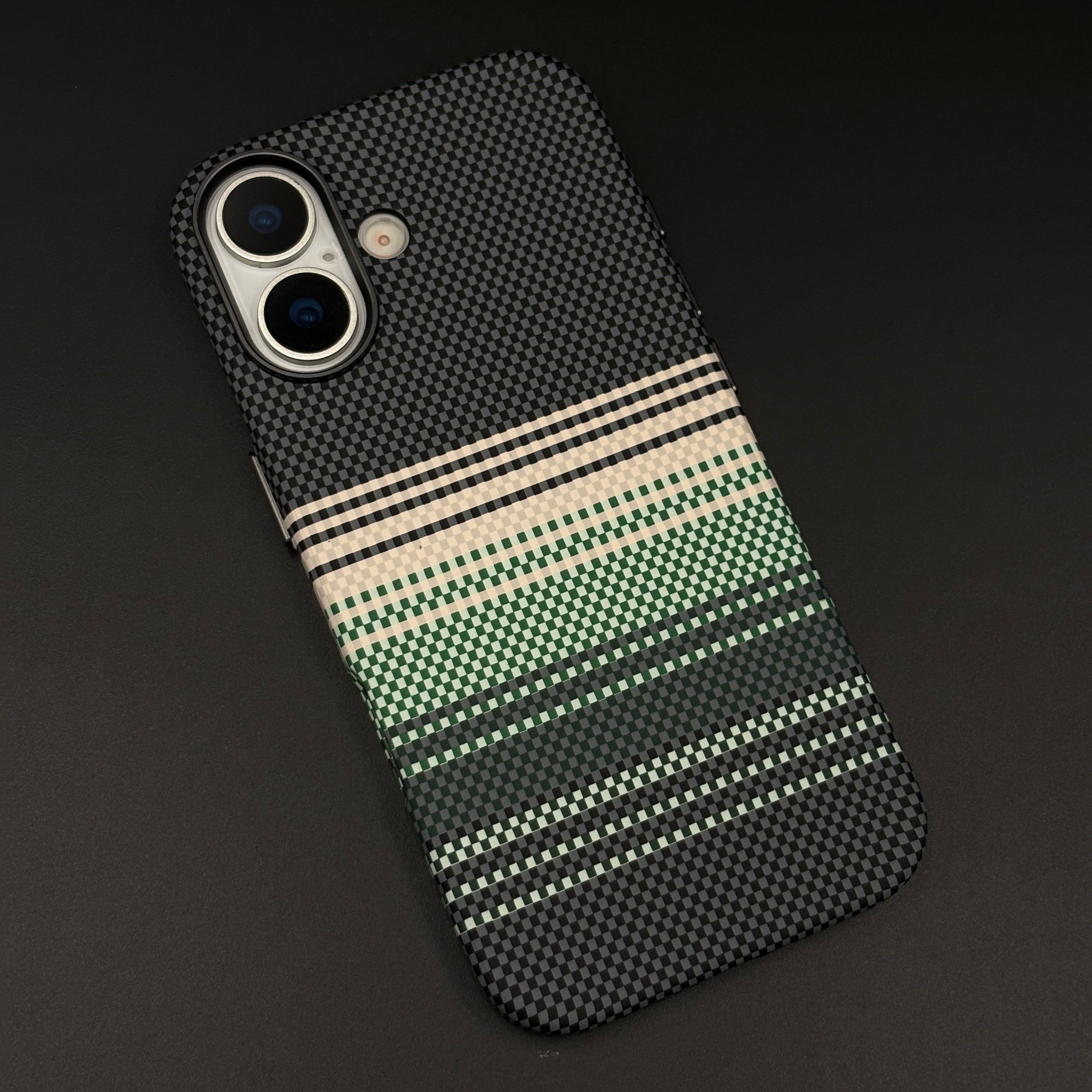 Green Yellow Striped Premium Mobile Case Cover for iPhone 17 | Rare Aramid Texture Finish | Real Carbon Fibre Feel | Hidden MagSafe