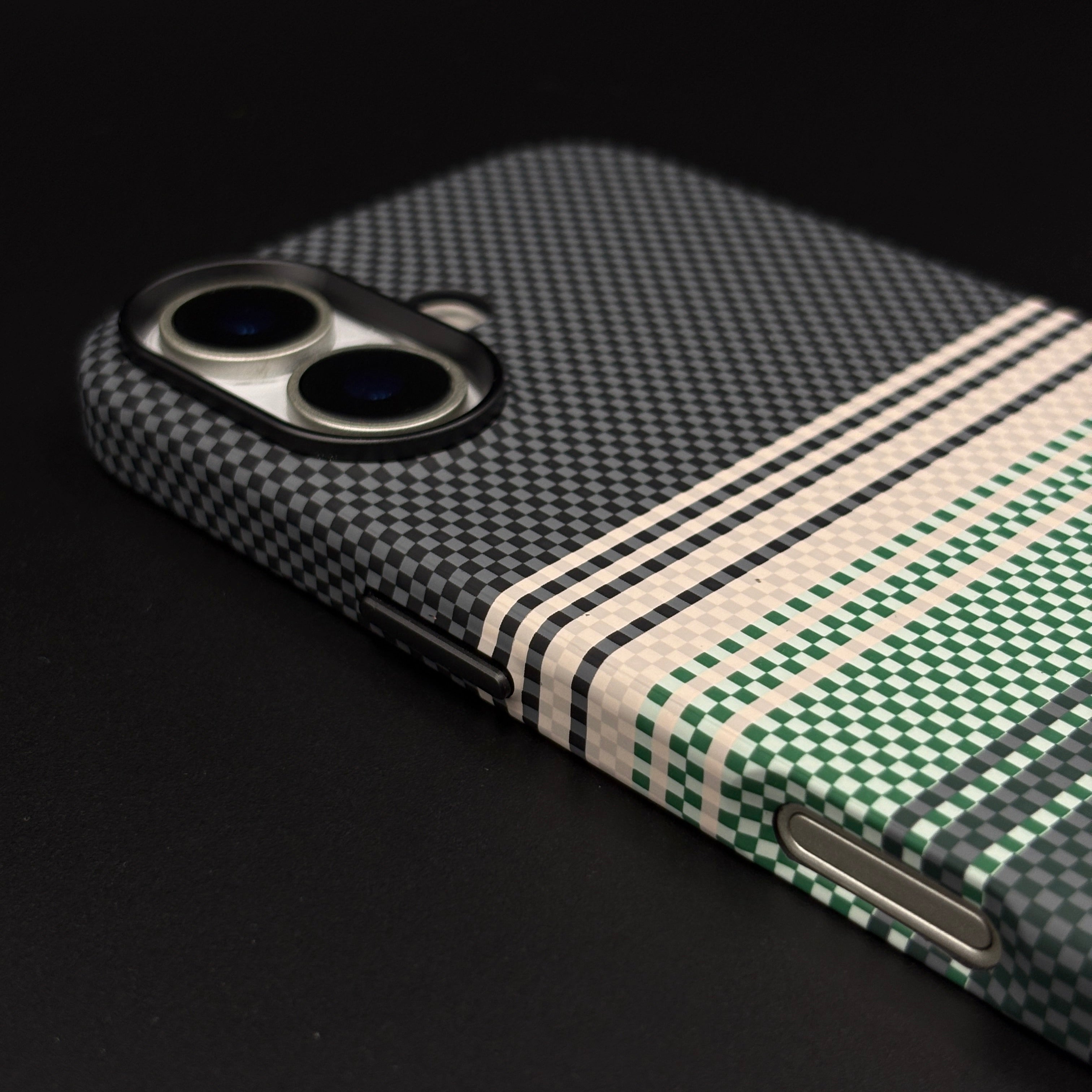 Green Yellow Striped Premium Mobile Case Cover for iPhone 17 | Rare Aramid Texture Finish | Real Carbon Fibre Feel | Hidden MagSafe