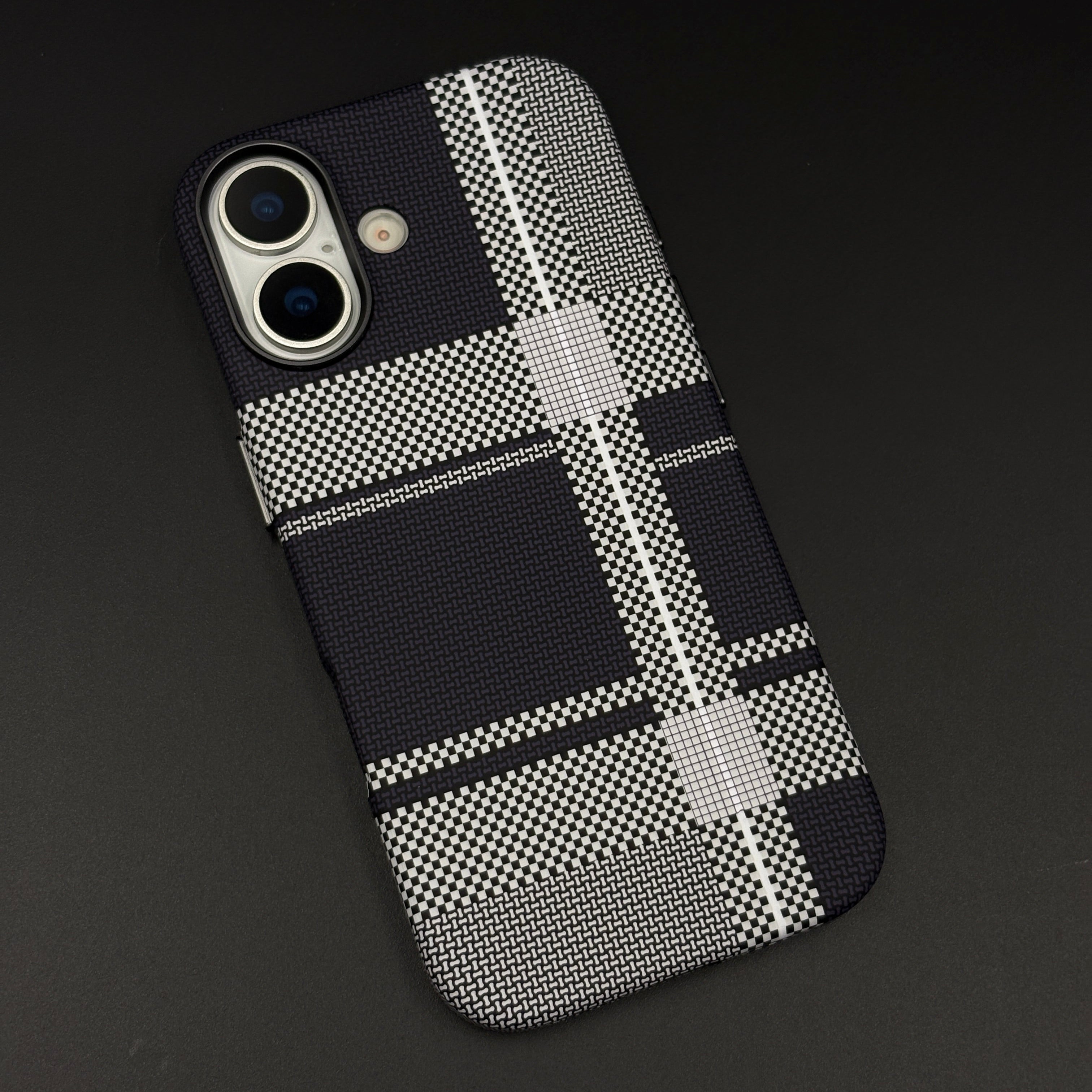 Striped White Slim Mobile Case Cover for iPhone 17 | Rare Aramid Texture Finish | Real Carbon Fibre Feel | Hidden MagSafe