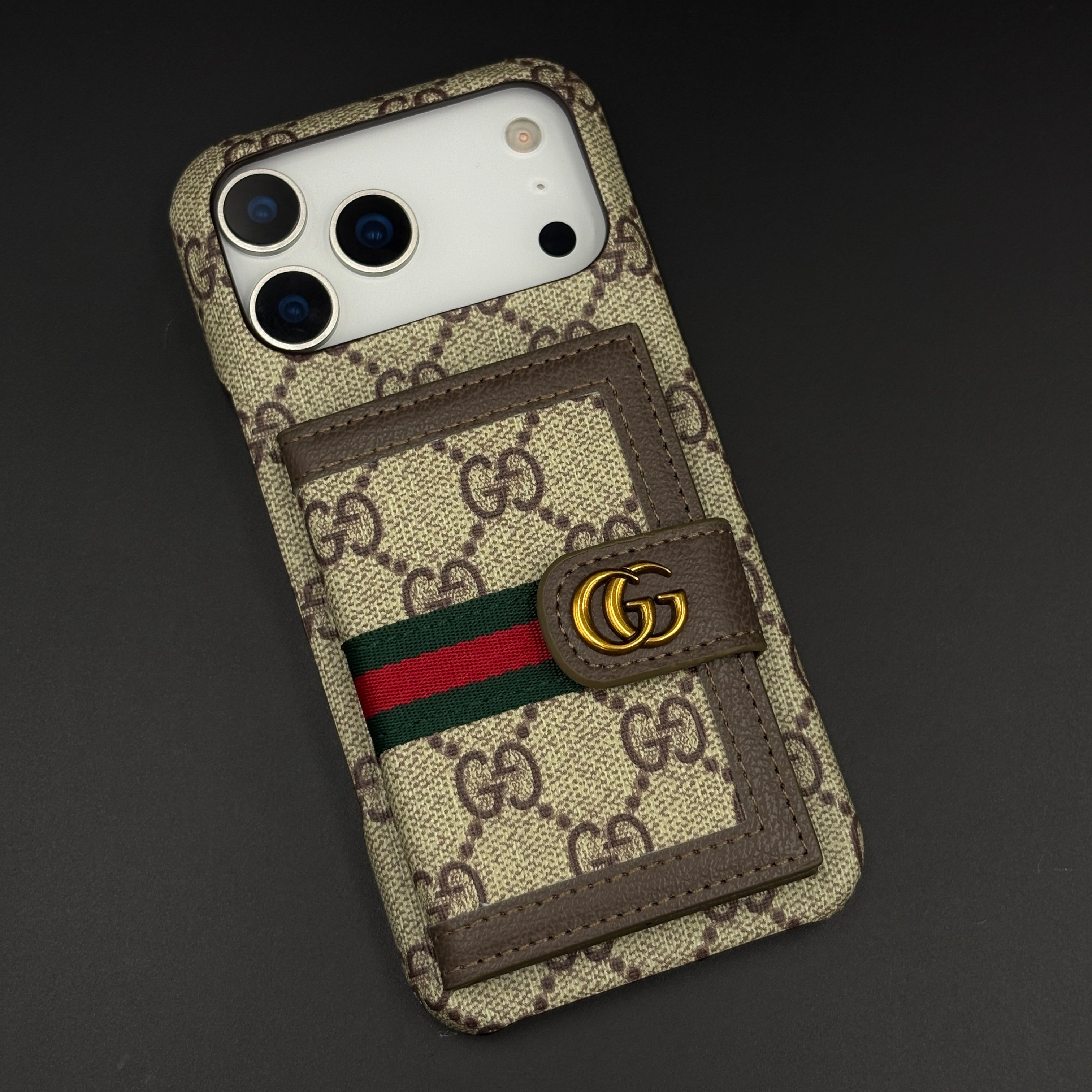 GG Monogram Cardholder Branded Mobile Case Cover for iPhone 17 Series | Slim Wallet | Fine PU Leather