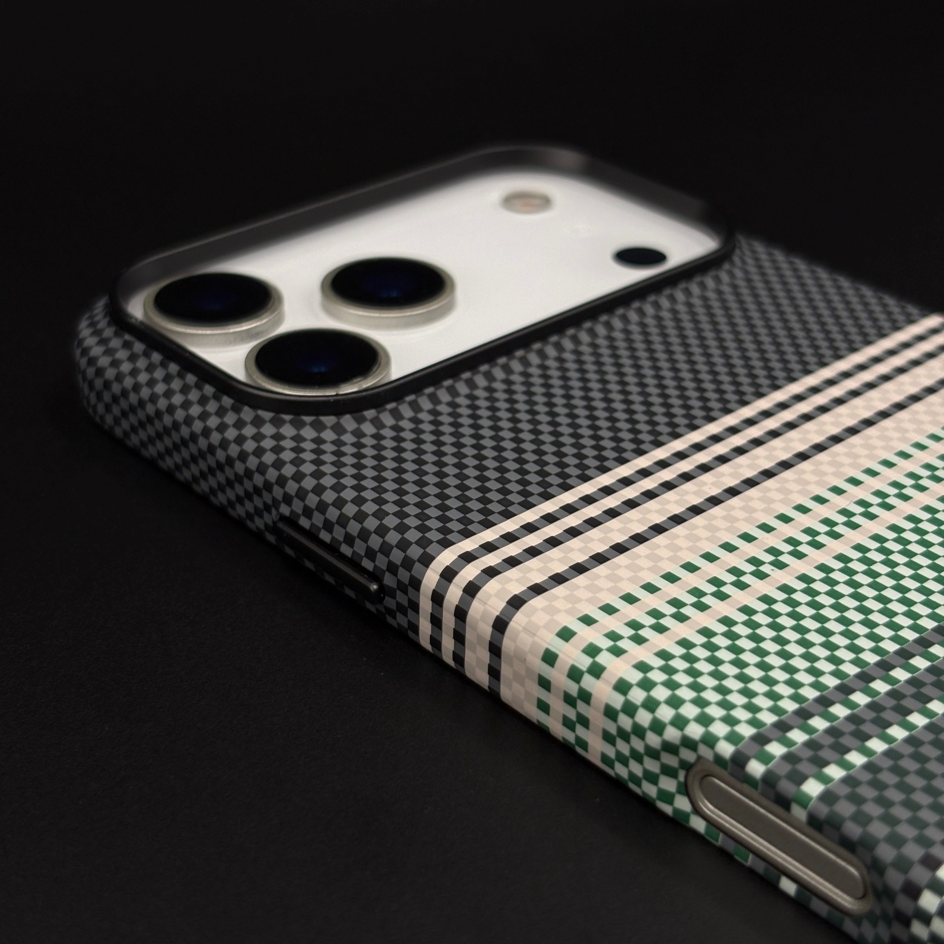Green White Striped Premium Mobile Case Cover for iPhone 17 Series | Rare Aramid Texture Finish | Real Carbon Fibre Feel | Hidden MagSafe