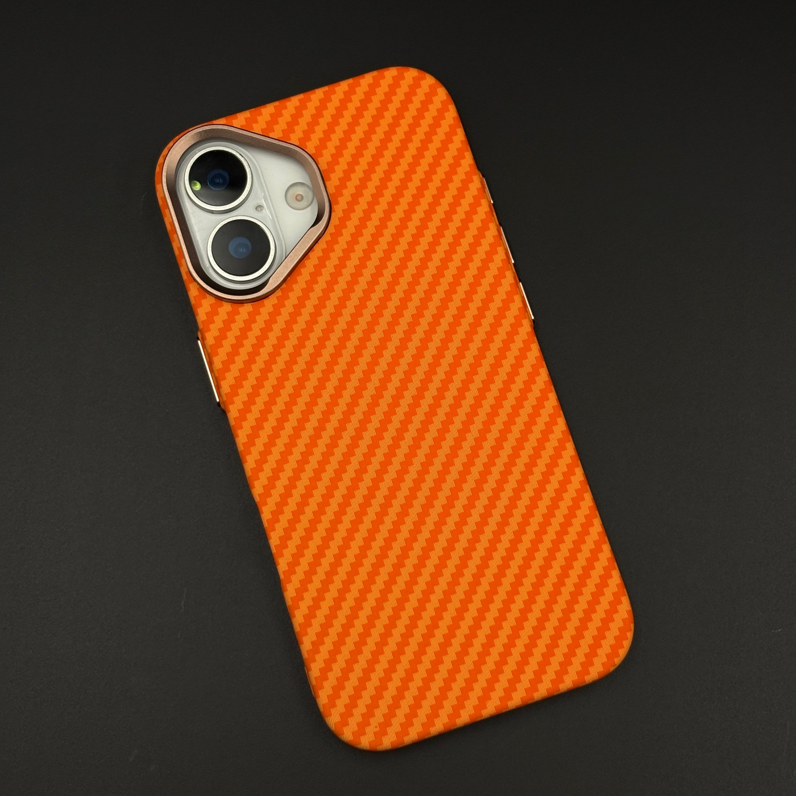 Carbon Fiber Orange Slim Mobile Case Cover for iPhone 17 | Rare Aramid Texture Finish | Real Carbon Fibre Feel | Hidden MagSafe