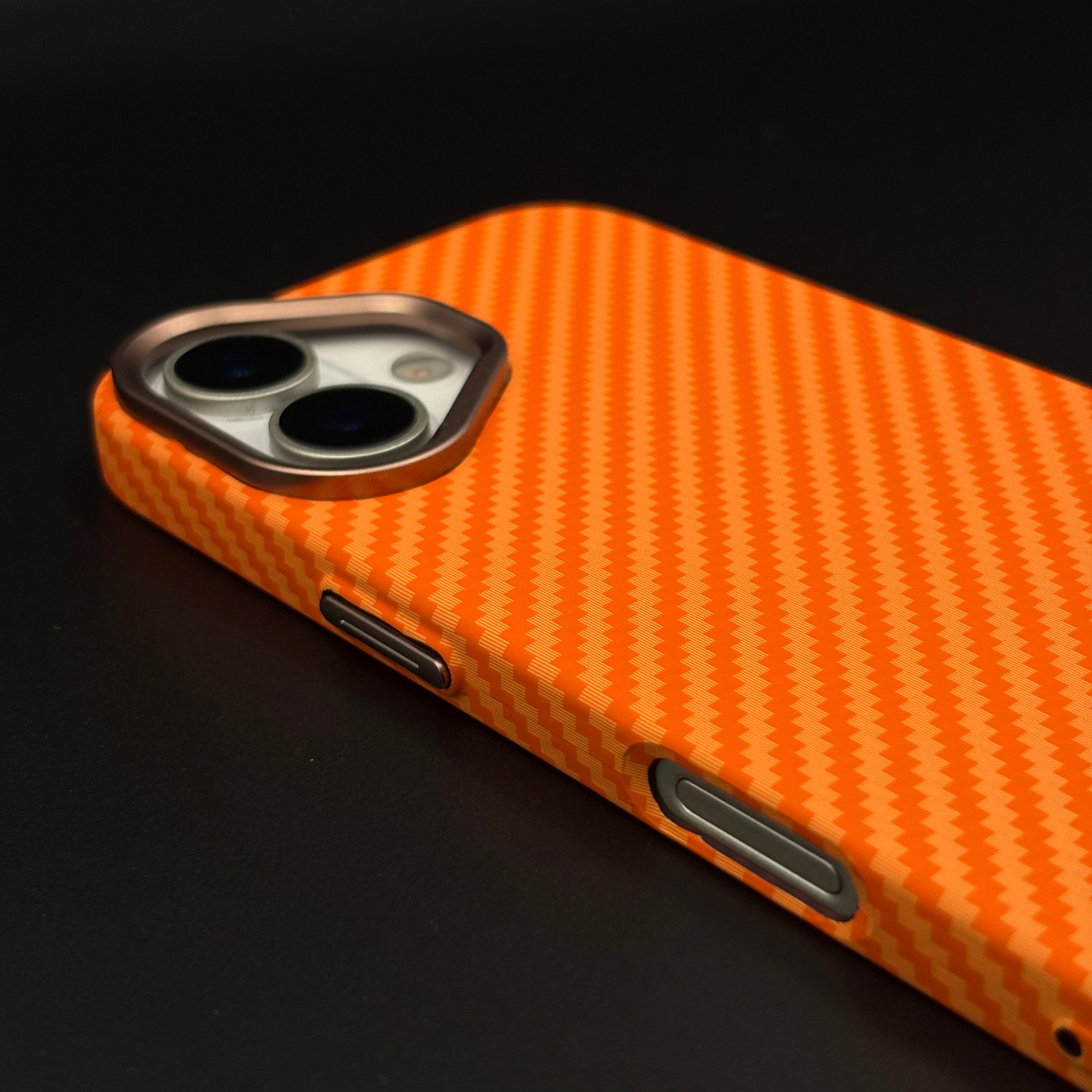 Carbon Fiber Orange Slim Mobile Case Cover for iPhone 17 | Rare Aramid Texture Finish | Real Carbon Fibre Feel | Hidden MagSafe