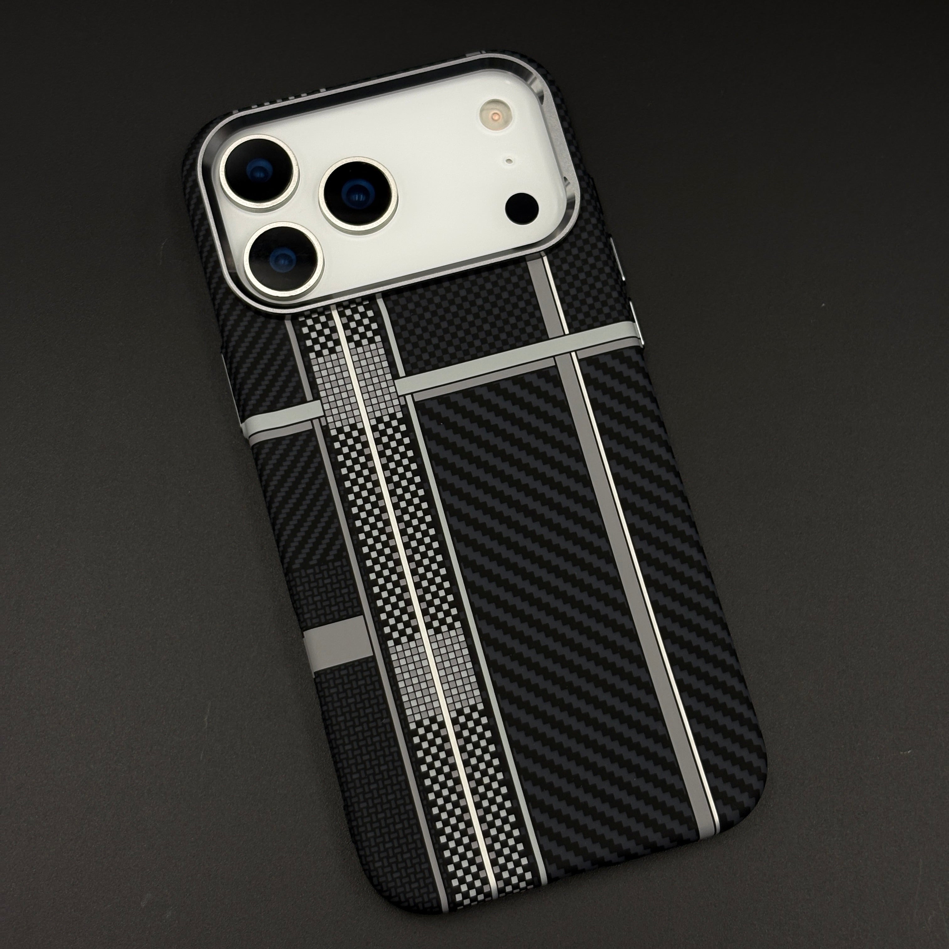 Striped White Slim Mobile Case Cover for iPhone 17 Series | Rare Aramid Texture Finish | Real Carbon Fibre Feel | Hidden MagSafe