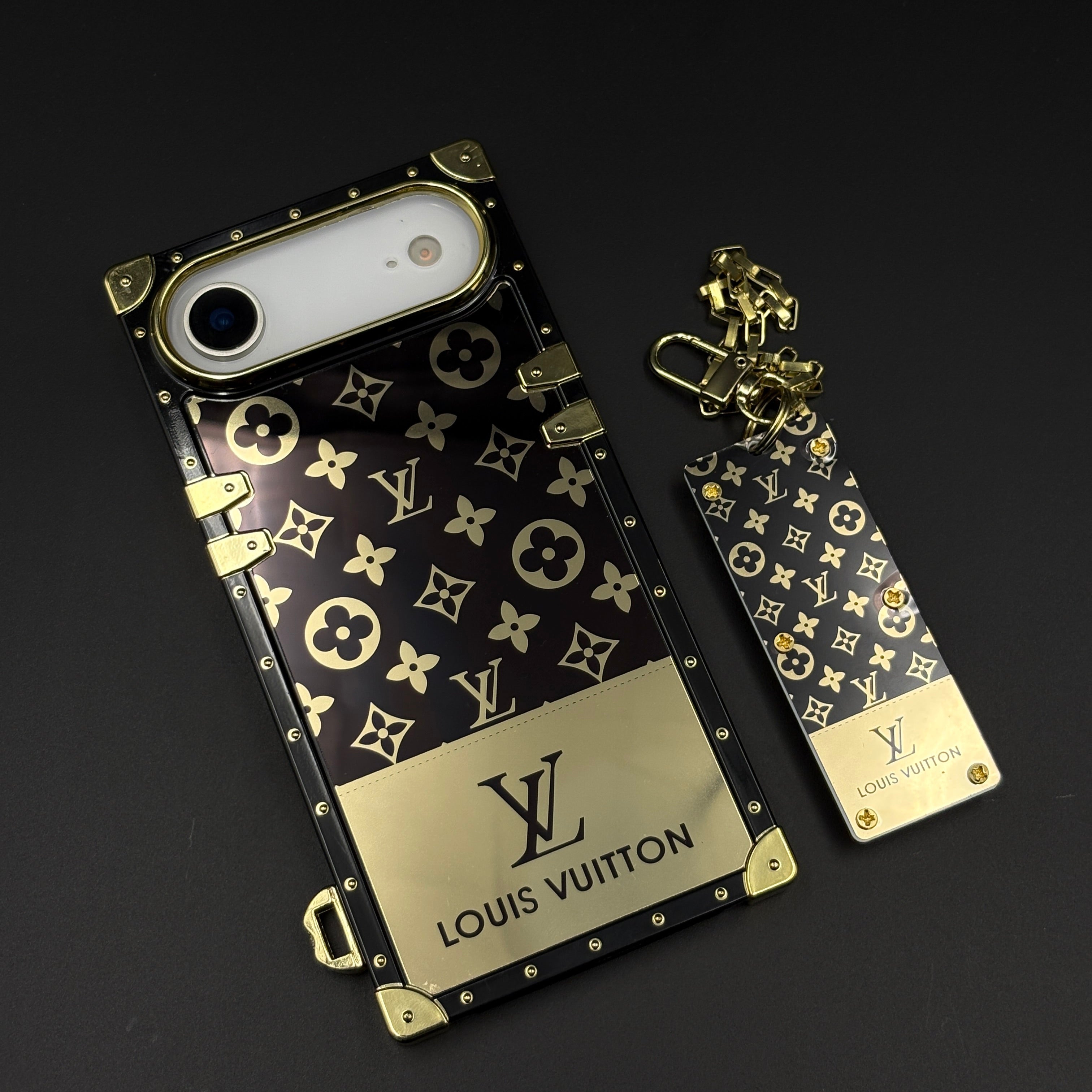 Luxury Trunk Phone Case Cover with Chain for iPhone 17 Air | Designer Metal Frame | Gold Monogram