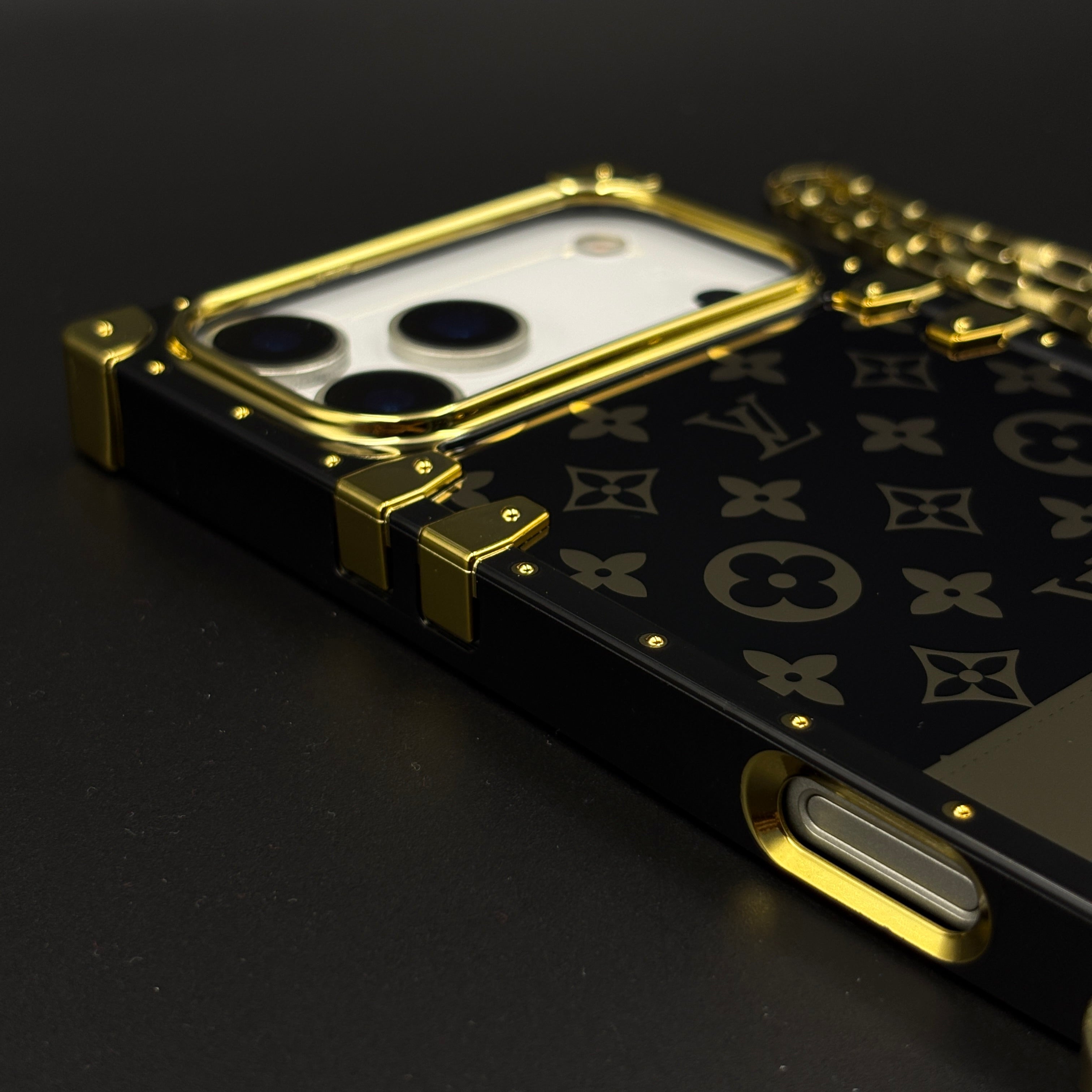 Luxury Trunk Phone Case Cover with Chain for iPhone 17 Series | Designer Metal Frame | Gold Monogram